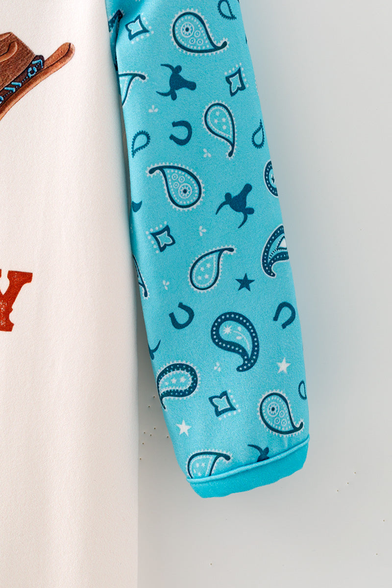 "New Cowboy In Town" Western printed baby romper w/turquoise sleeves. RPB60579