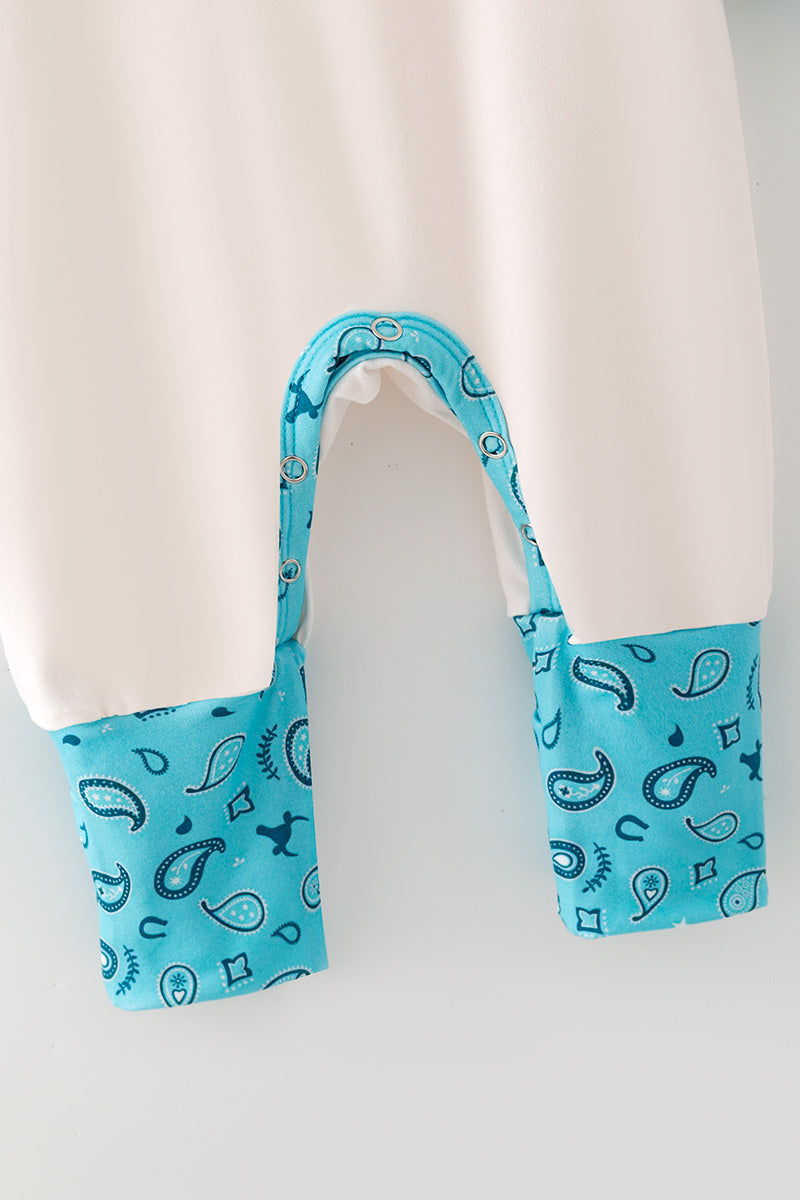 "New Cowboy In Town" Western printed baby romper w/turquoise sleeves. RPB60579