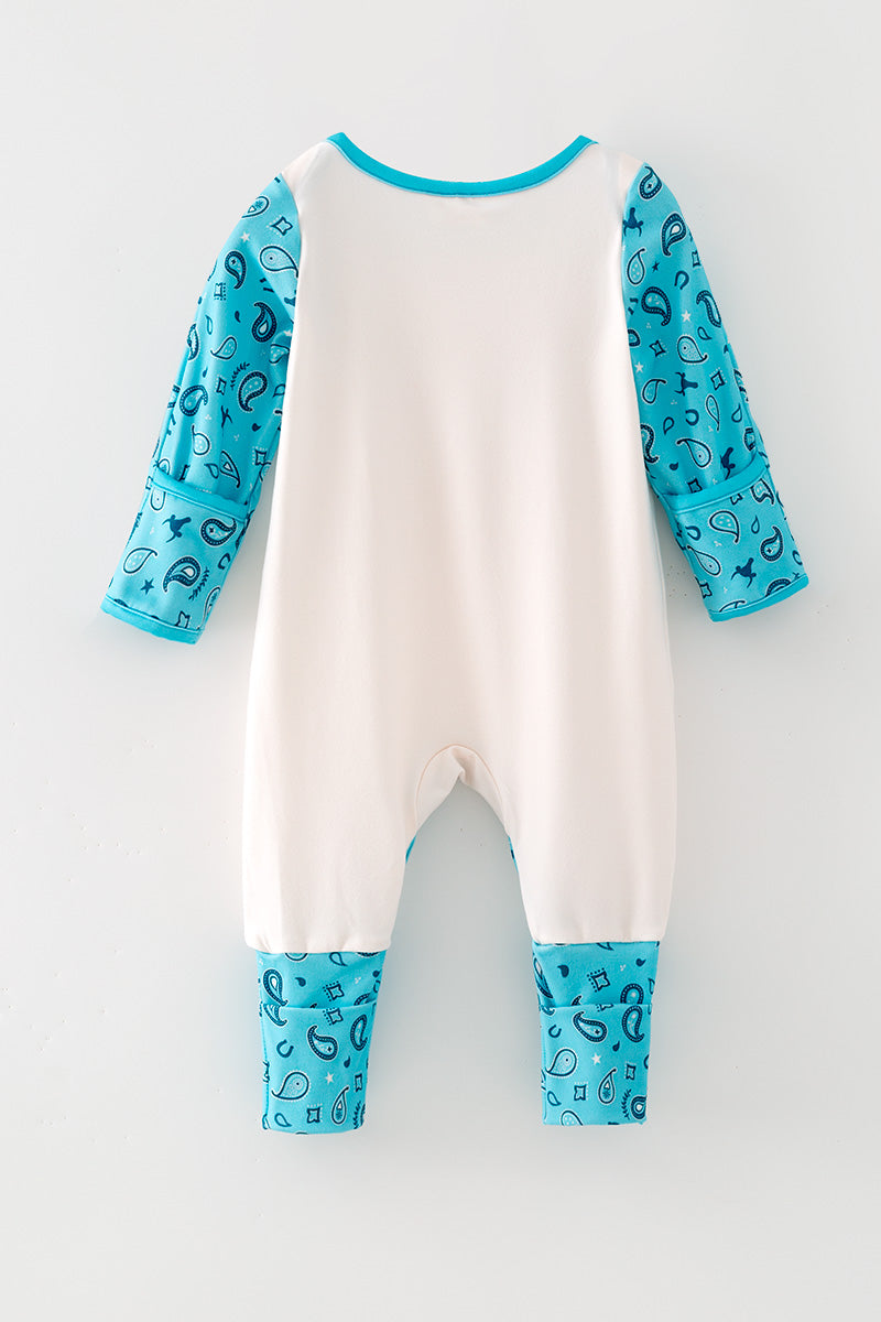 "New Cowboy In Town" Western printed baby romper w/turquoise sleeves. RPB60579