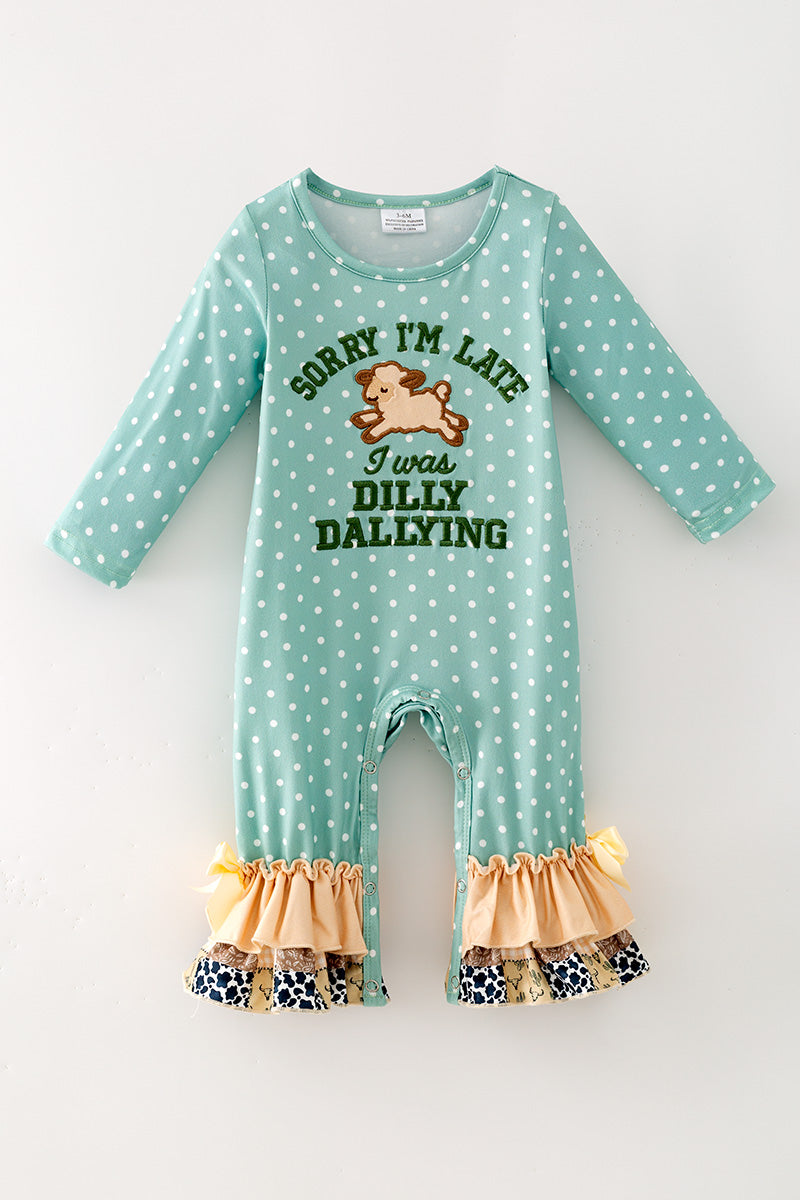 Sorry I'm late I was Dilly Dallying" Embroidered baby romper. RPG63938