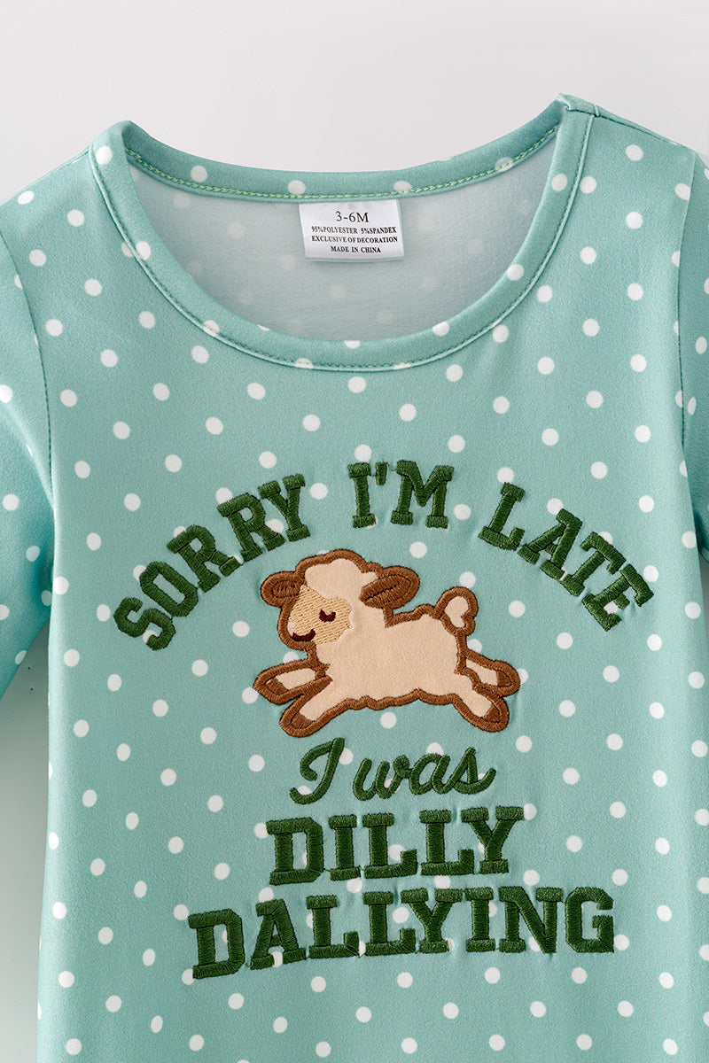 Sorry I'm late I was Dilly Dallying" Embroidered baby romper. RPG63938