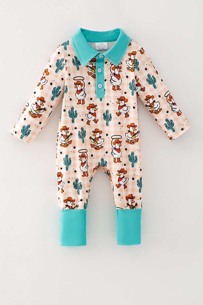 Western duck printed romper with mint fold over footie. RPB60577
