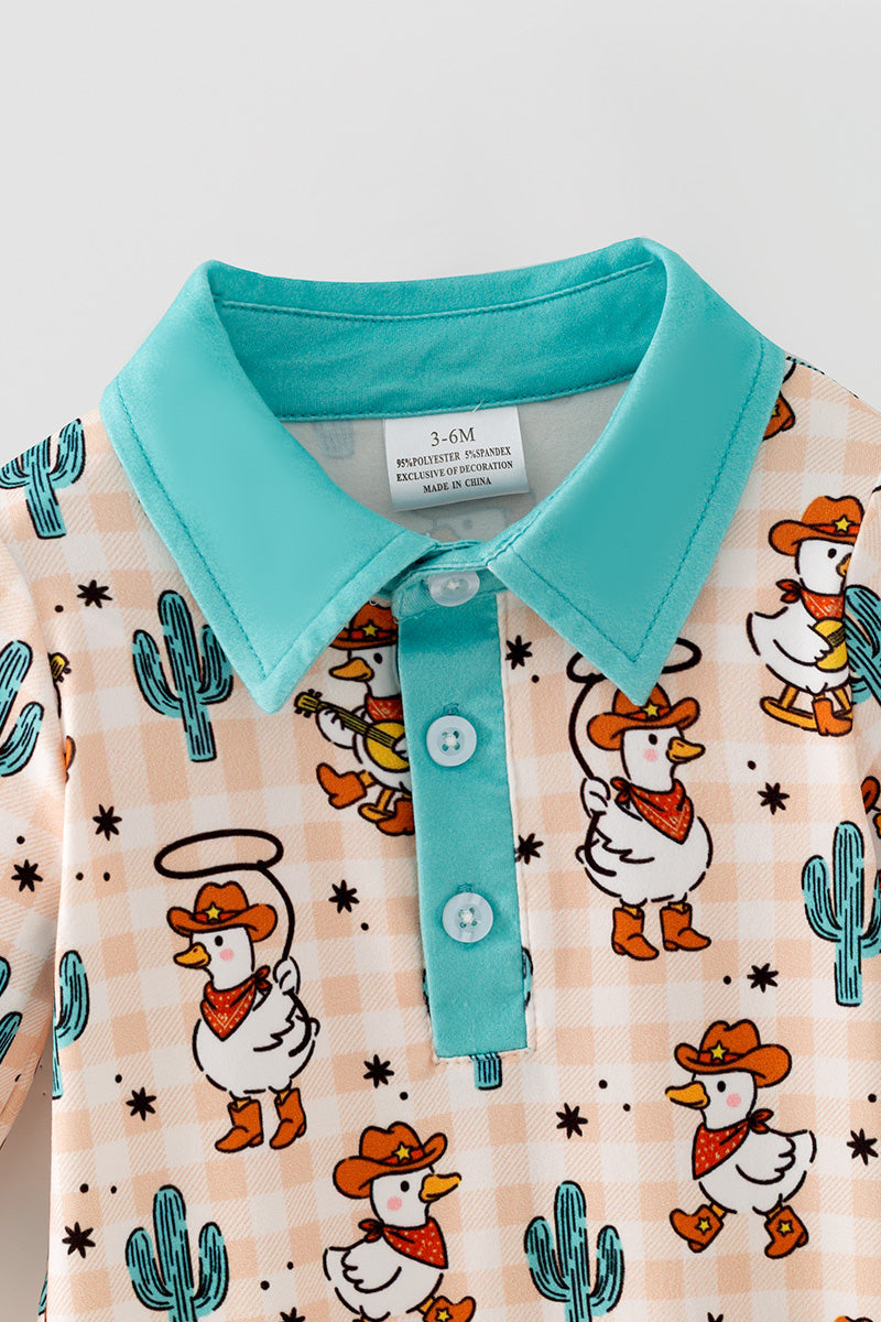 Western duck printed romper with mint fold over footie. RPB60577
