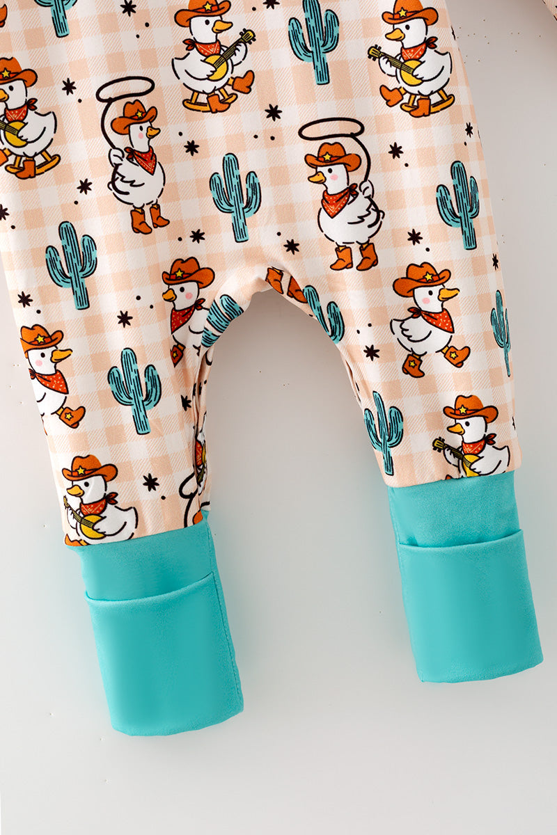 Western duck printed romper with mint fold over footie. RPB60577