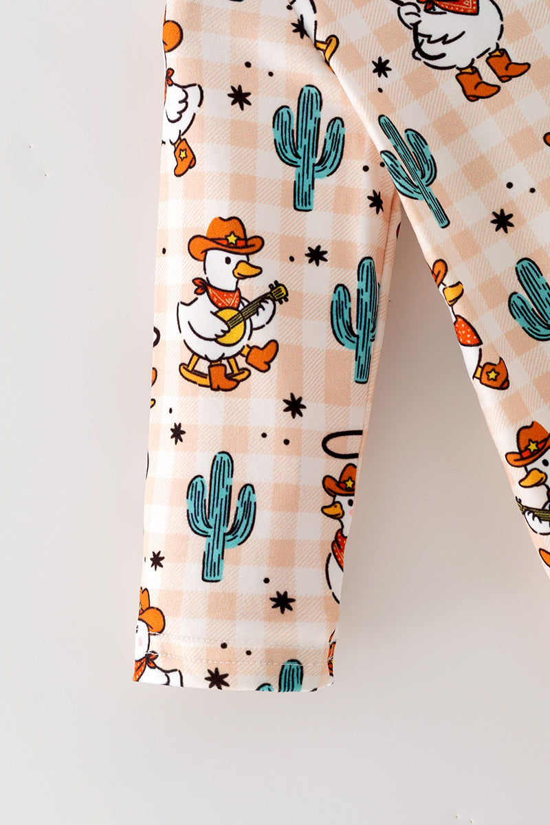 Western duck printed romper with mint fold over footie. RPB60577