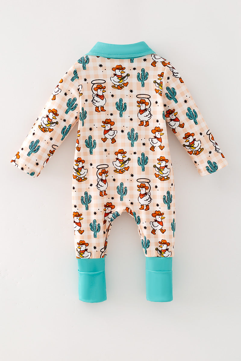 Western duck printed romper with mint fold over footie. RPB60577