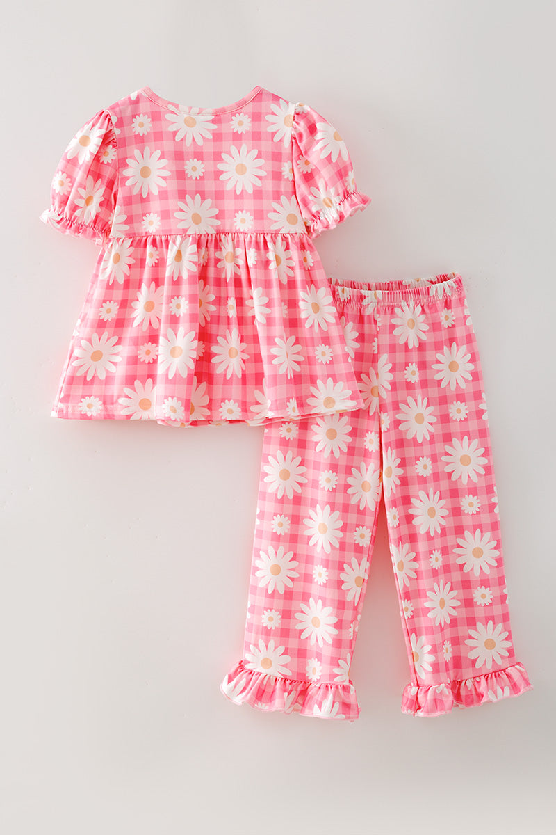Pink plaid daisy printed girls 2 piece set. OFG61878 AMY