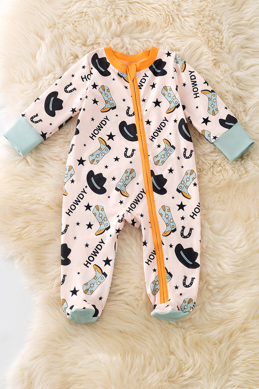 Howdy" Western printed on blue baby onesie. RPB50470
