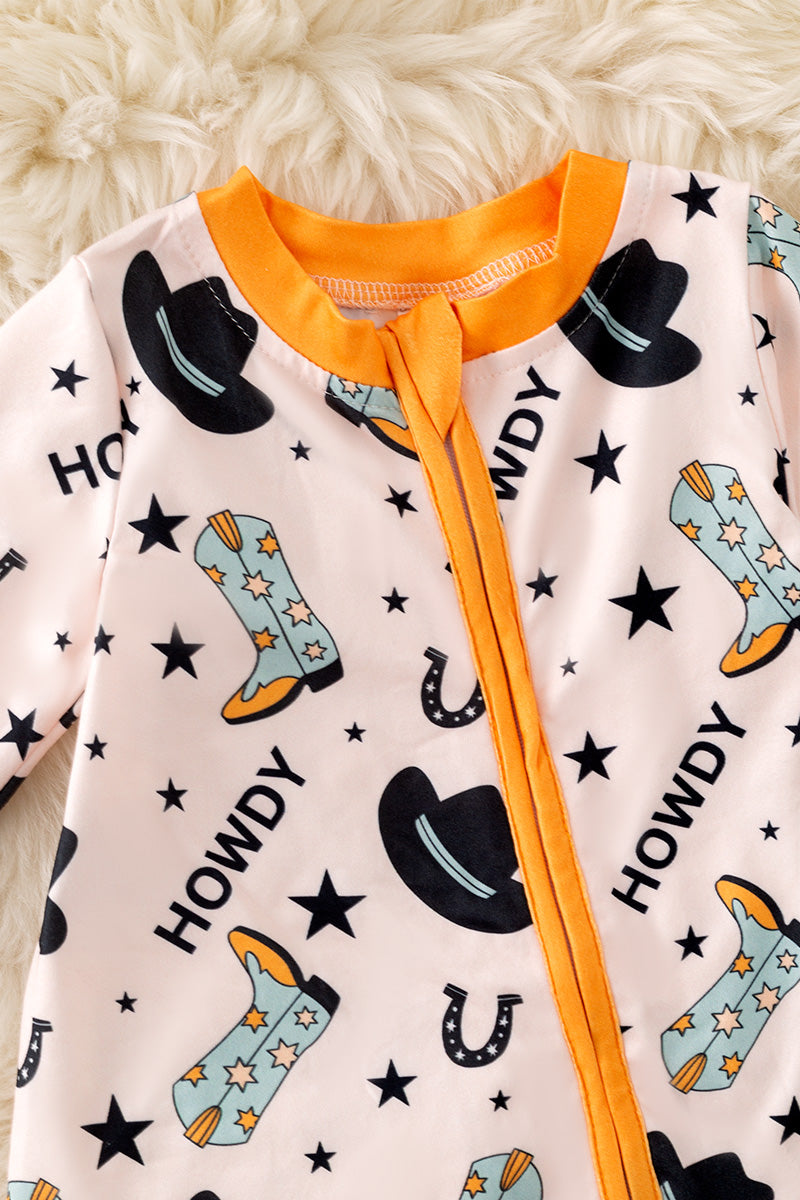 Howdy" Western printed on blue baby onesie. RPB50470