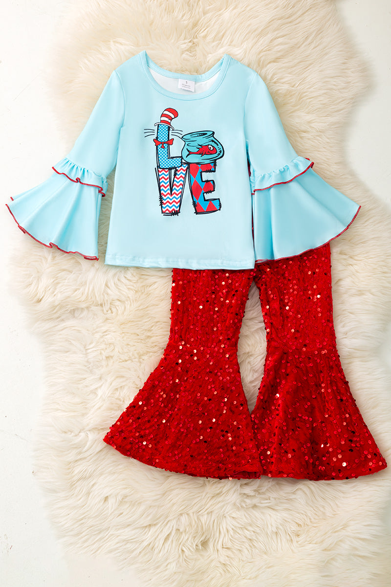 Love lt. blue bell sleeve top and red sequins bell bottoms