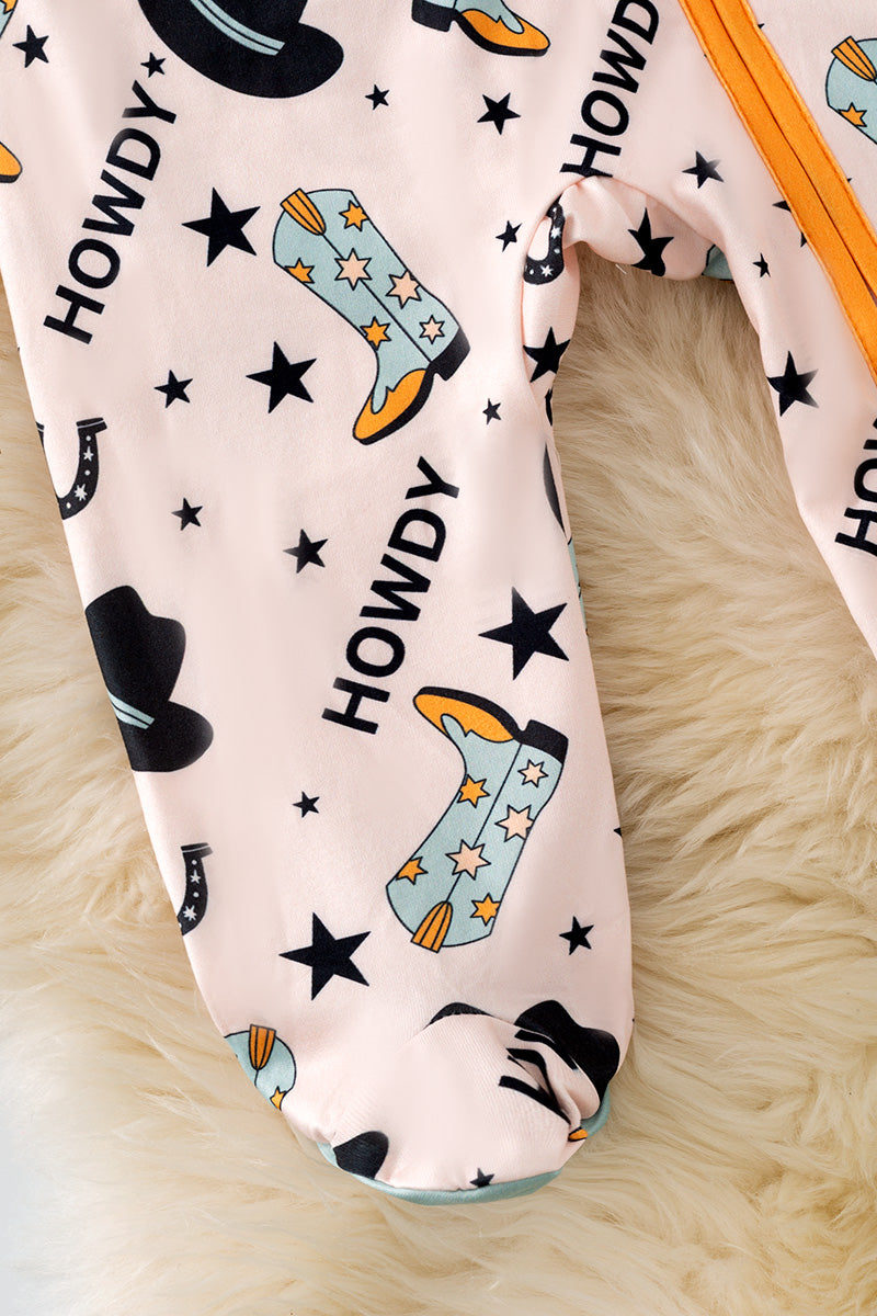 Howdy" Western printed on blue baby onesie. RPB50470