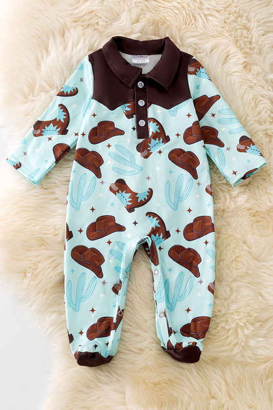 Cowboy boot printed on blue baby onesie. RPB50468