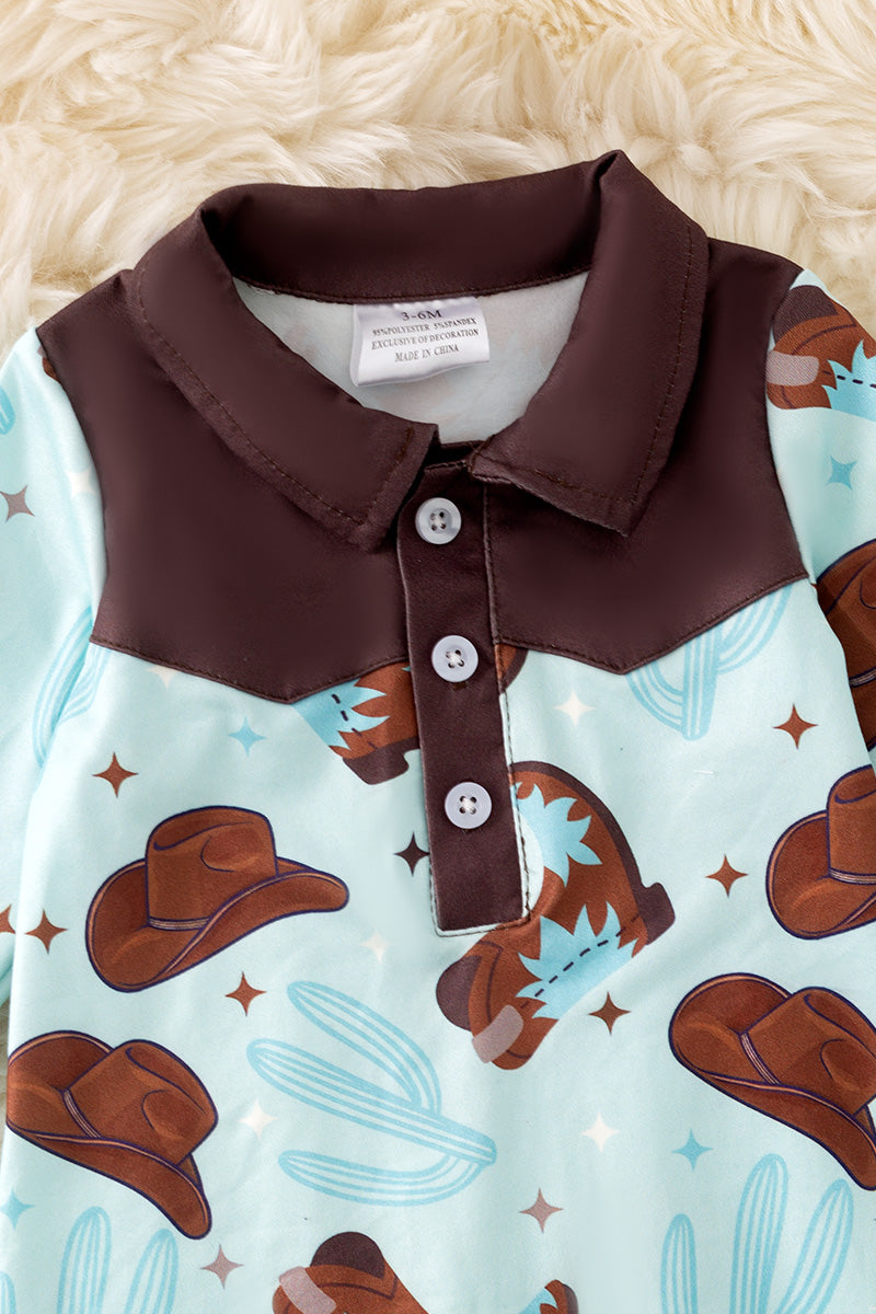 Cowboy boot printed on blue baby onesie. RPB50468