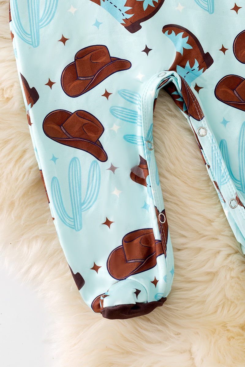 Cowboy boot printed on blue baby onesie. RPB50468