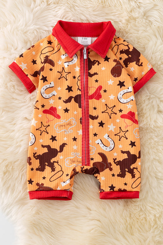 Yellow western printed boys baby romper with zipper. RPB50495
