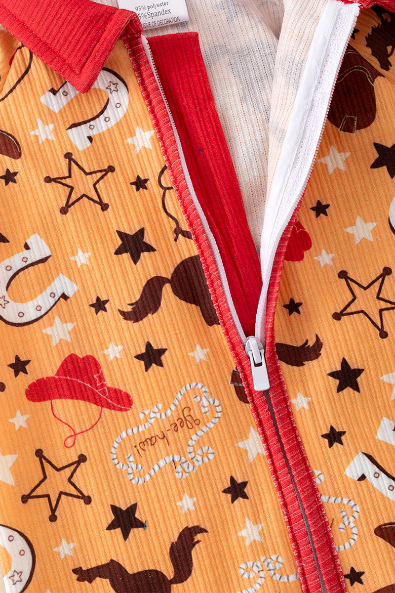 Yellow western printed boys baby romper with zipper. RPB50495