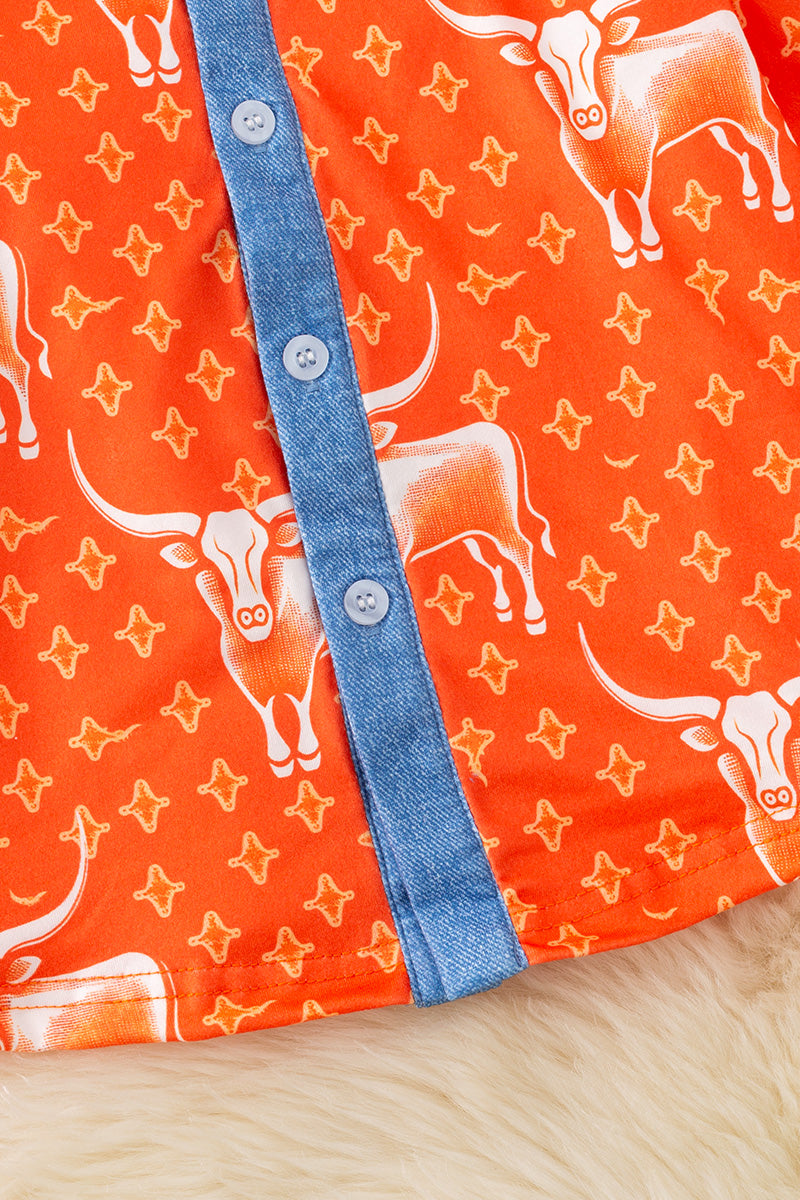 Orange Long horn printed button up shirt. TPB50363