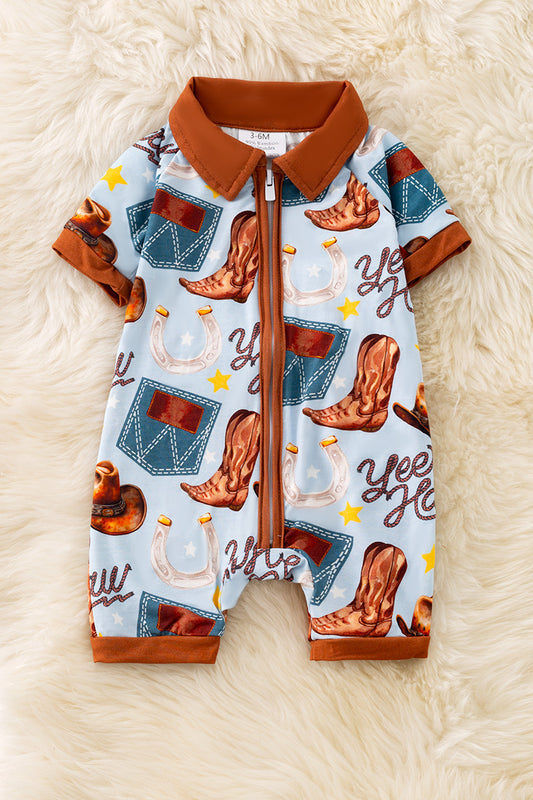 Bamboo made boys western baby romper that zips up. RPB50298