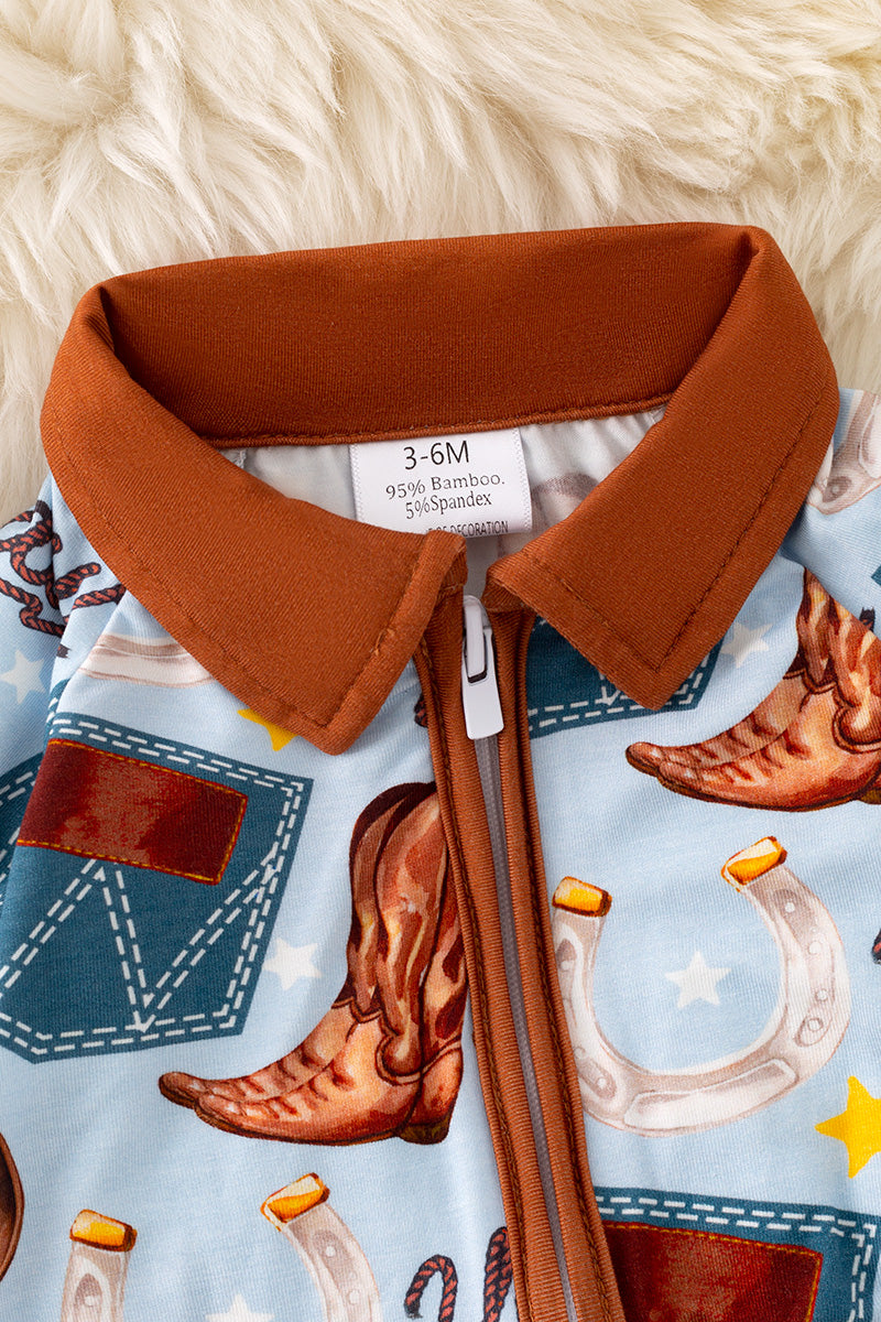 Bamboo made boys western baby romper that zips up. RPB50298