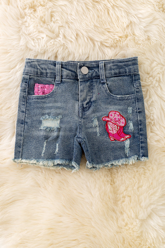 (Western) Distressed Western patch denim shorts. PNG50286