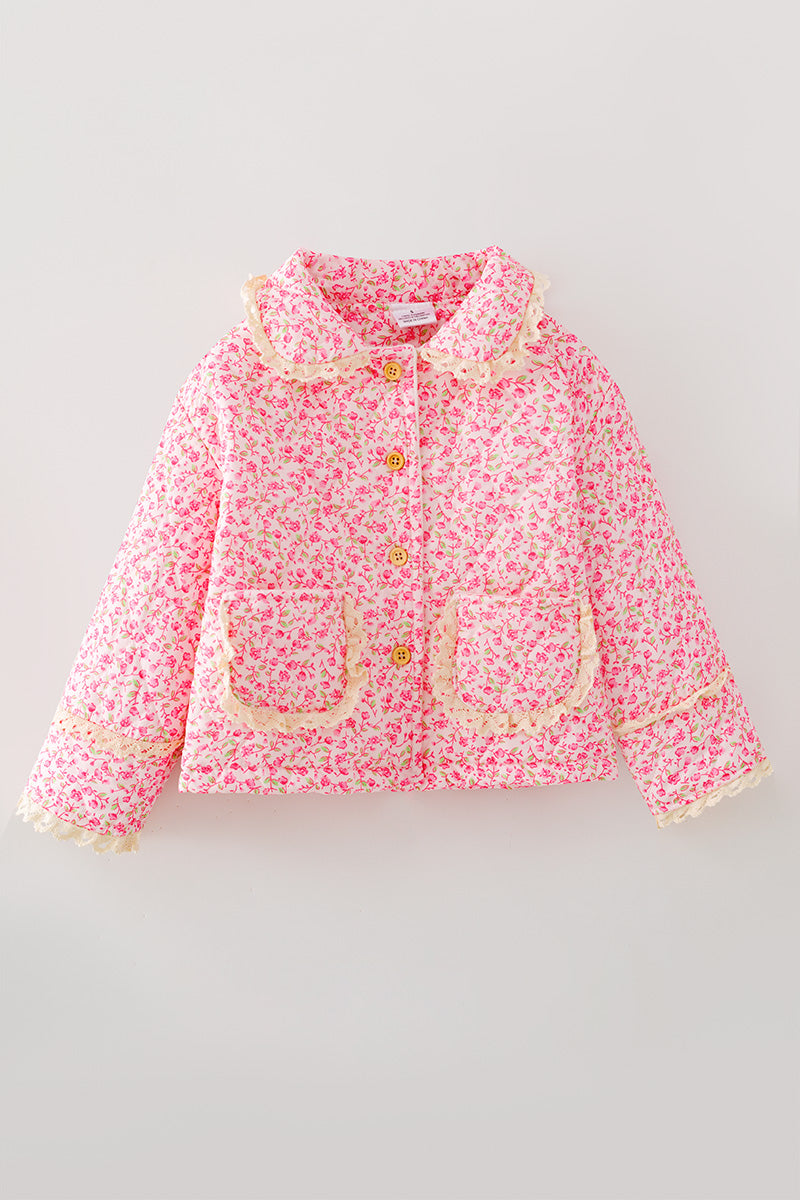 Hot Pink ditsy floral quilted jacket w/ivory lace hem. TPG60367 SOL