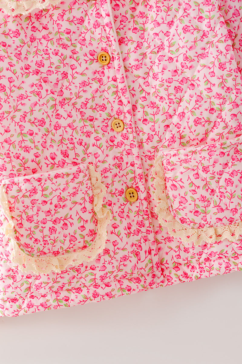 Hot Pink ditsy floral quilted jacket w/ivory lace hem. TPG60367 SOL
