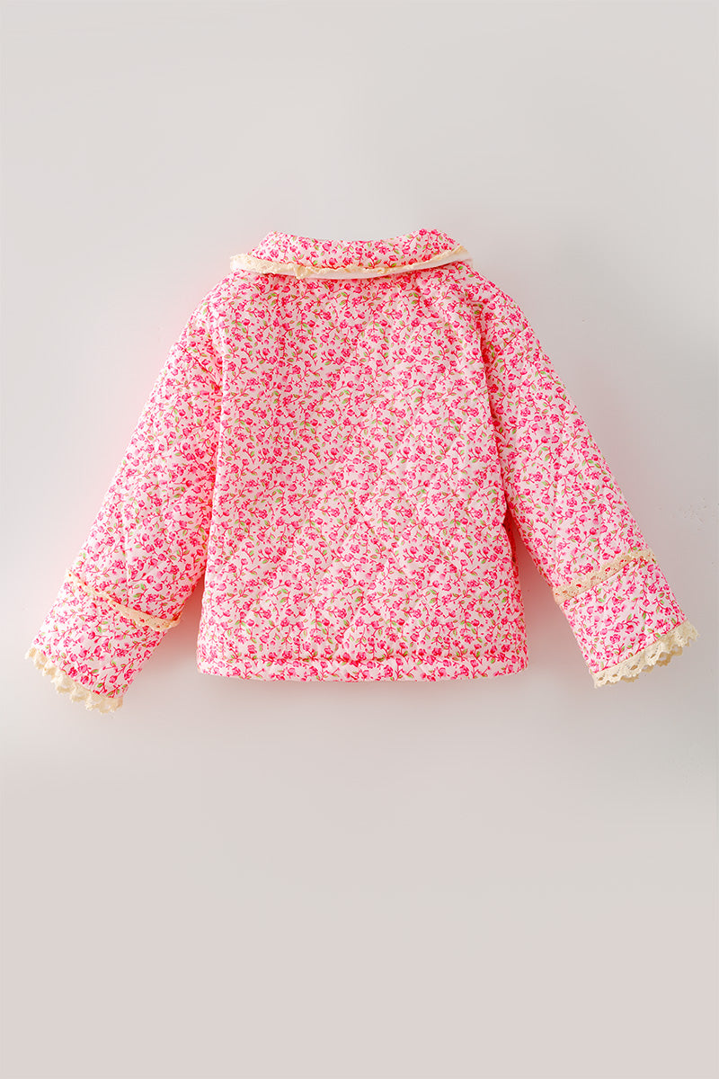 Hot Pink ditsy floral quilted jacket w/ivory lace hem. TPG60367 SOL