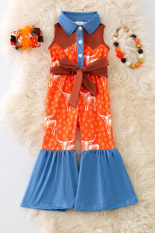 Orange long horn jumpsuit with front buttons. PNG50284