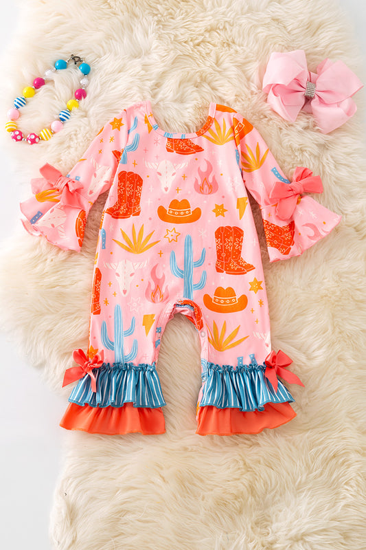 Pink & Orange western printed baby romper w/ruffle hem. RPG51317