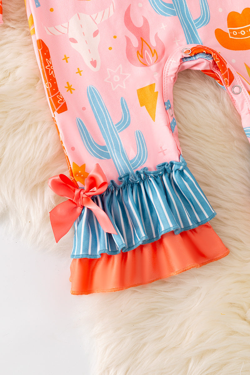 Pink & Orange western printed baby romper w/ruffle hem. RPG51317