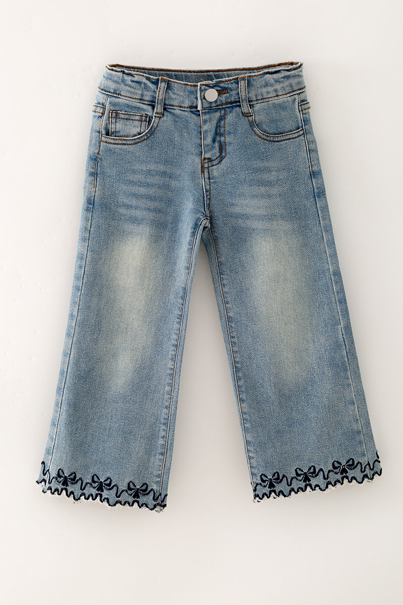 Navy blue embroidered hem denim pants. PNG60325 AMY