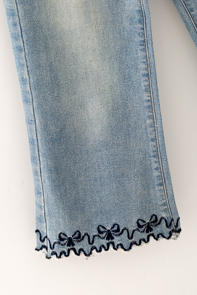 Navy blue embroidered hem denim pants. PNG60325 AMY