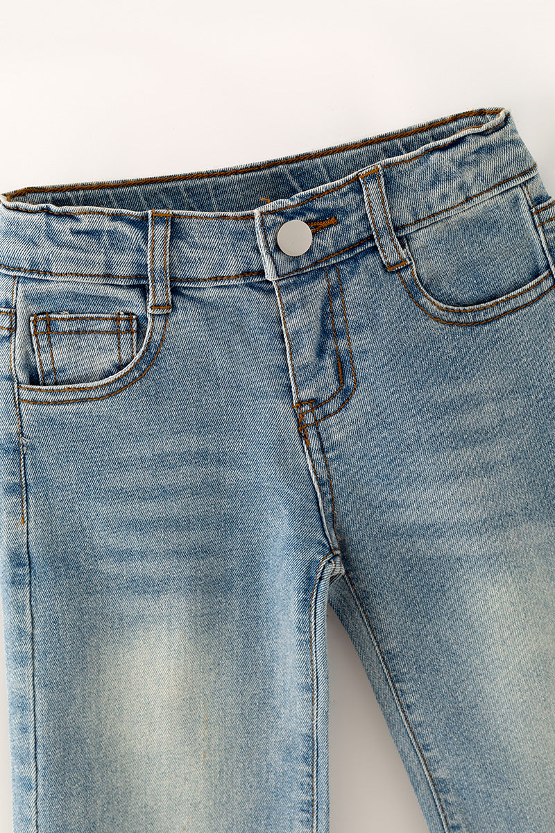 Navy blue embroidered hem denim pants. PNG60325 AMY