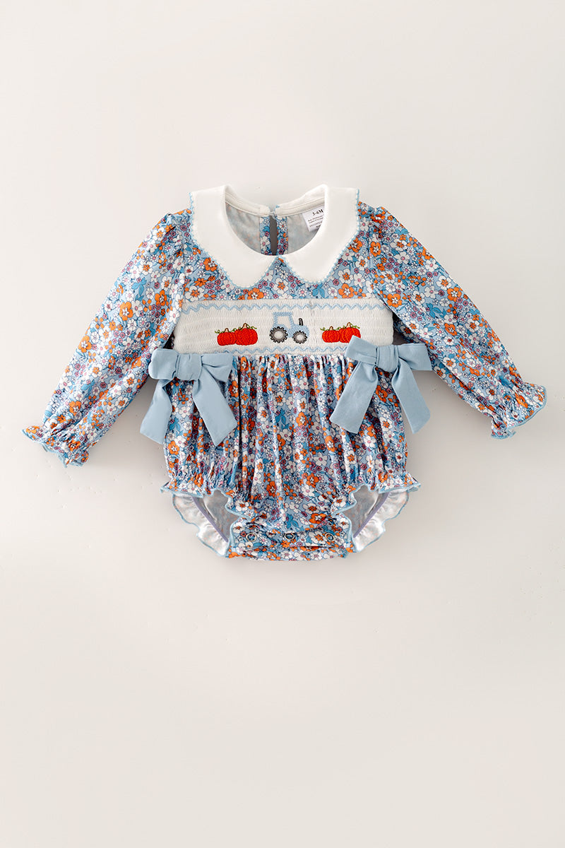 Blue ditsy floral bubble baby romper w/ size bows. RPG63796 A-