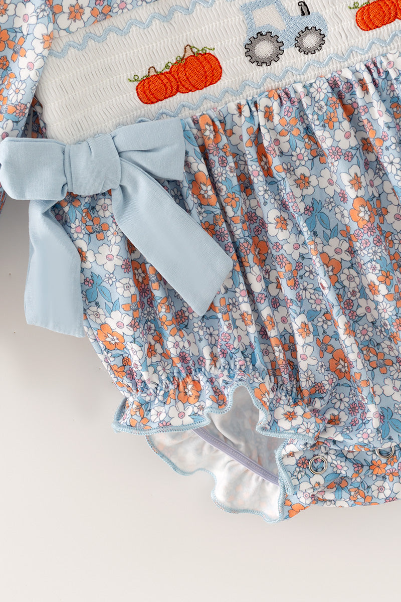 Blue ditsy floral bubble baby romper w/ size bows. RPG63796 A-