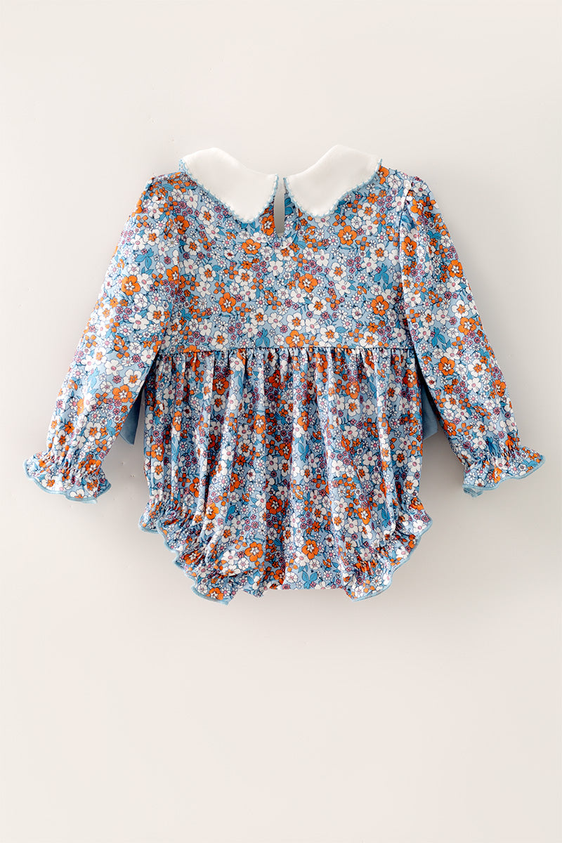 Blue ditsy floral bubble baby romper w/ size bows. RPG63796 A-