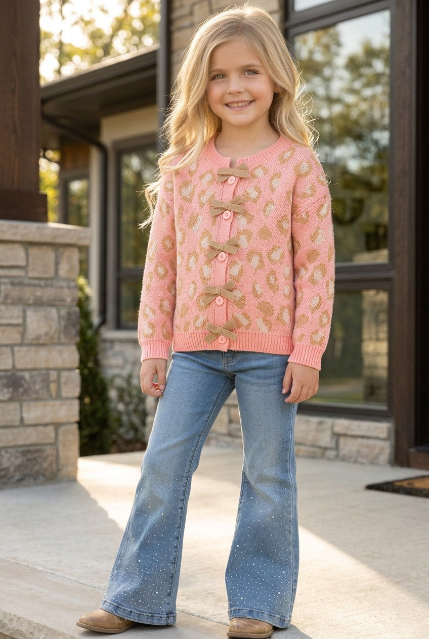 Coral animal print sweater w/front bows. TPG60522