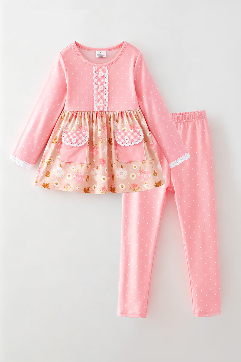 Pink polka dot tunic with pumpkin print and polka dot leggings. OFG62511