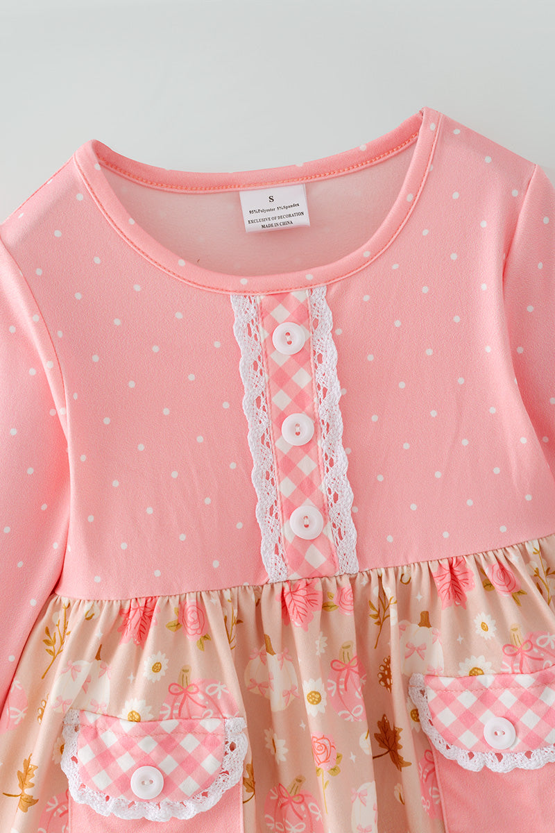 Pink polka dot tunic with pumpkin print and polka dot leggings. OFG62511