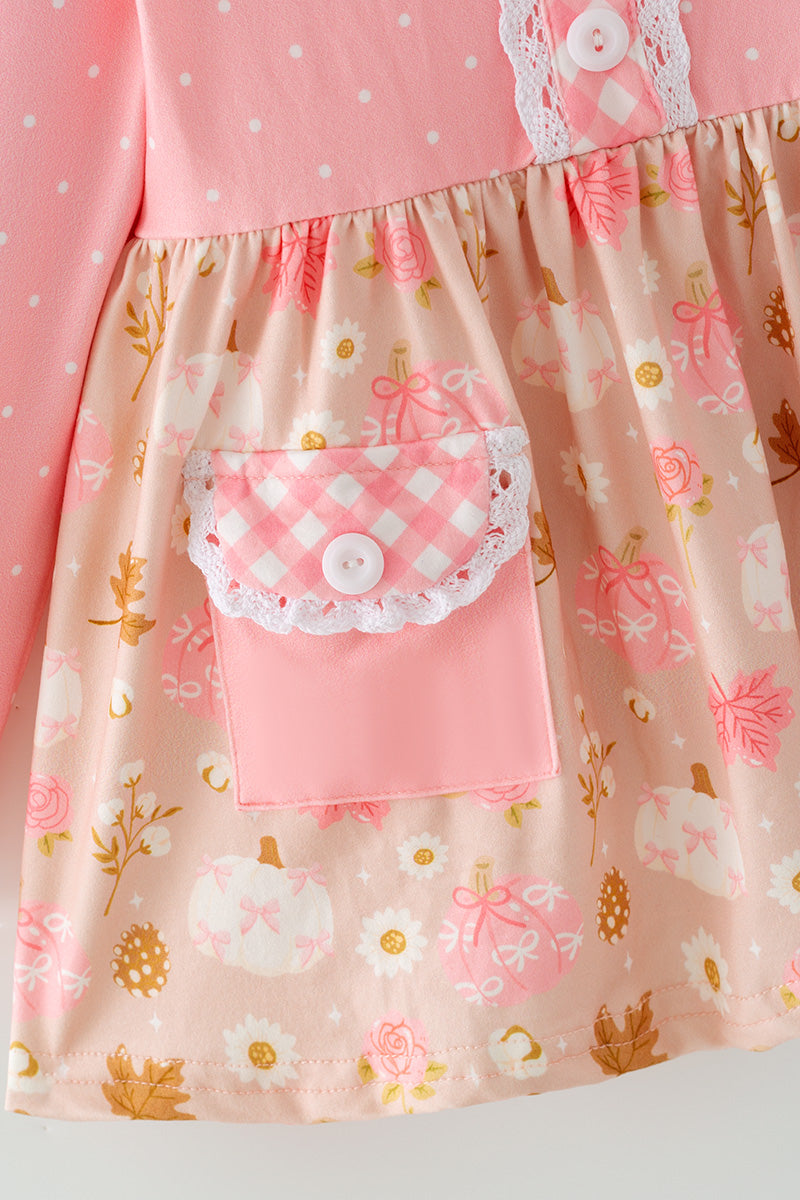 Pink polka dot tunic with pumpkin print and polka dot leggings. OFG62511