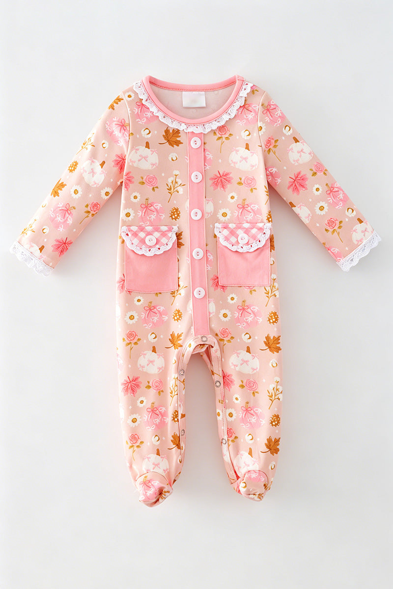 Creamy & pink pumpkin printed baby bodysuit. RPG64147