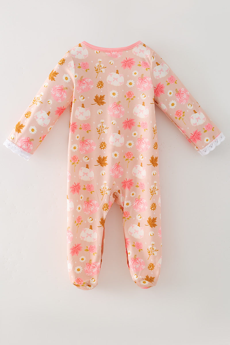 Creamy & pink pumpkin printed baby bodysuit. RPG64147