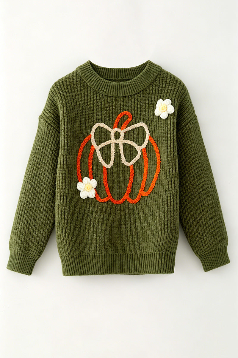 Olive green knit sweater w/ pumpkin embroidered. TPG60576 -M-