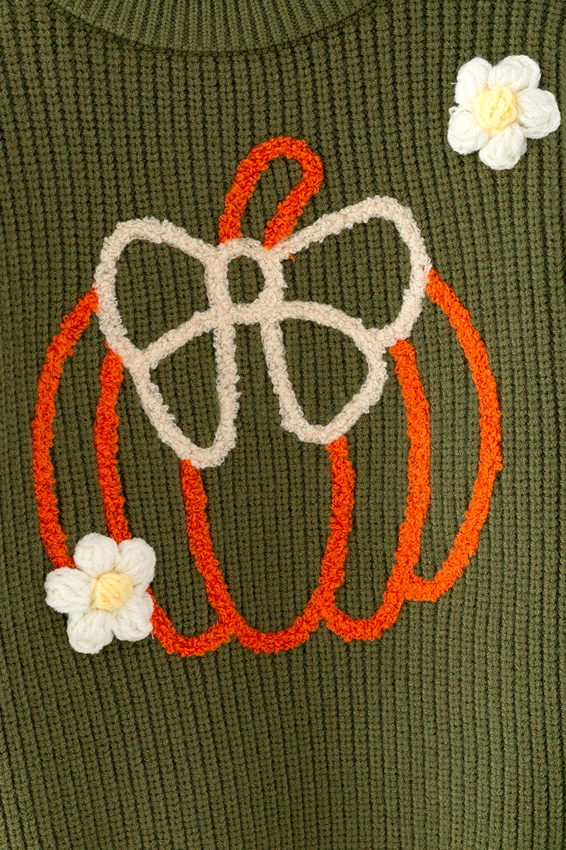 Olive green knit sweater w/ pumpkin embroidered. TPG60576 -M-