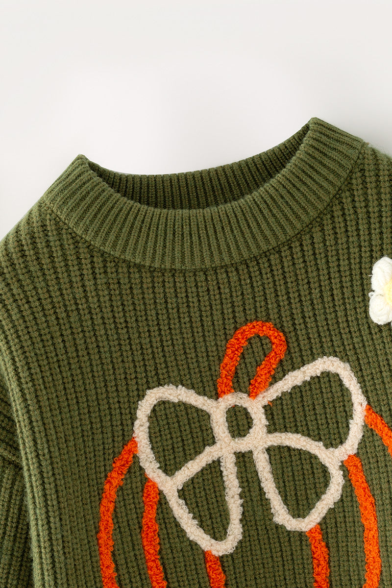 Olive green knit sweater w/ pumpkin embroidered. TPG60576 -M-