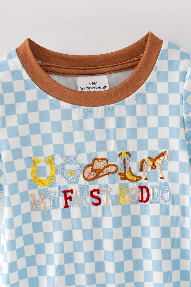My first rodeo blue checkered with brown trim. RPB60576