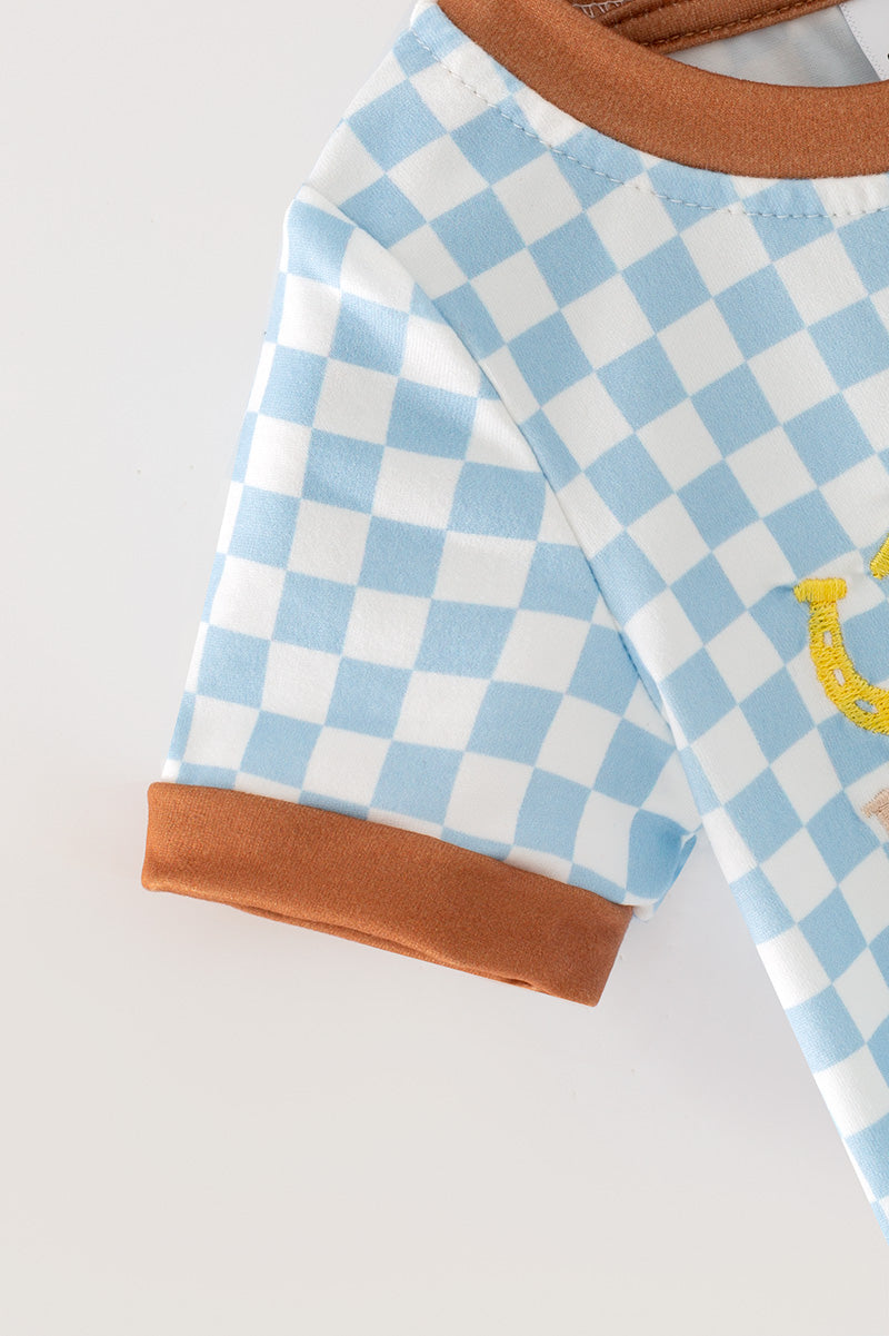 My first rodeo blue checkered with brown trim. RPB60576
