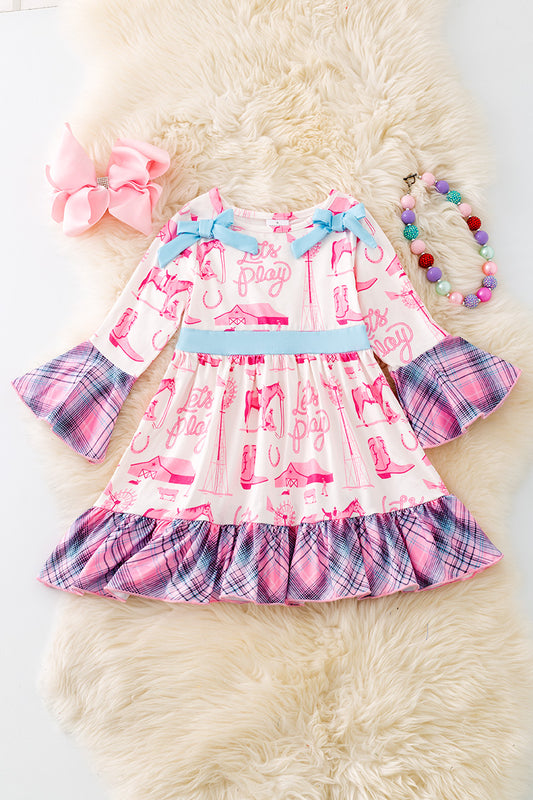Let's Play" Western printed dress with plaid ruffle trim. DRG52620