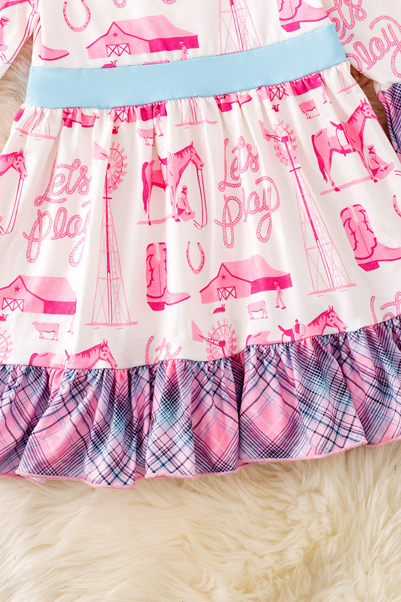 Let's Play" Western printed dress with plaid ruffle trim. DRG52620