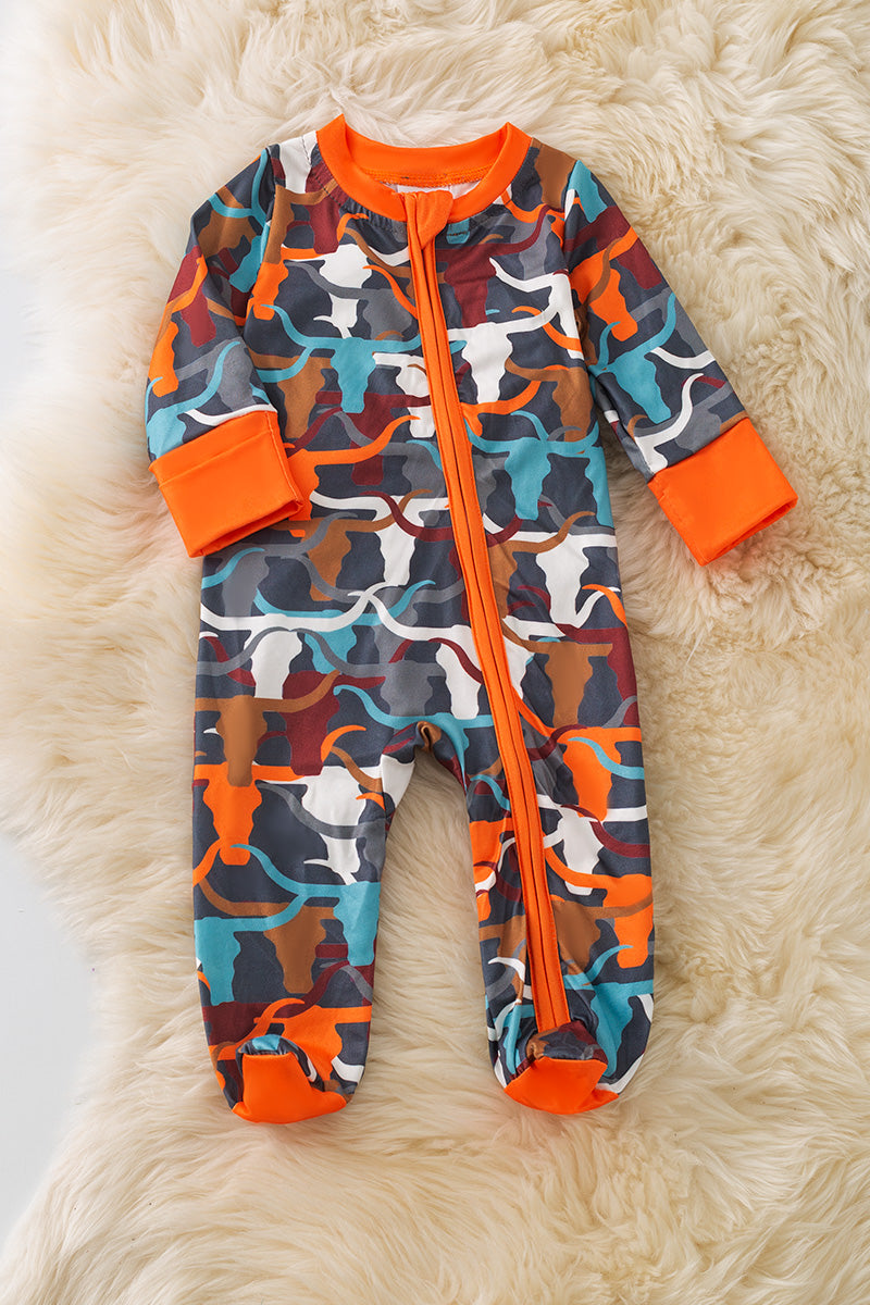 Multi-Color longhorn printed baby bodysuit.